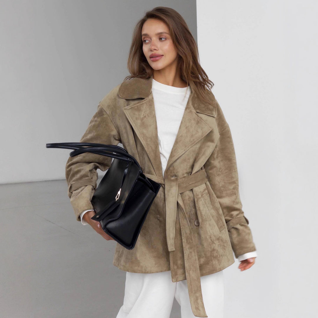 Damen Modische Suede-Jacke mit Gürtel und doppelter Knopfreihe Drune