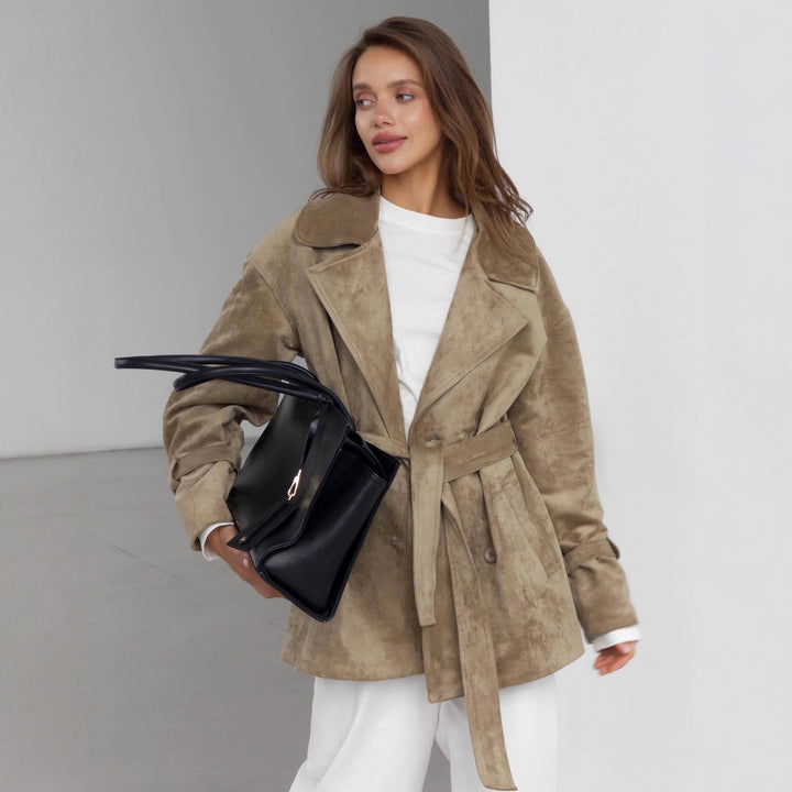 Damen Modische Suede-Jacke mit Gürtel und doppelter Knopfreihe Drune
