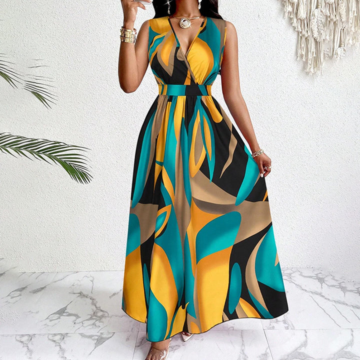 Damen Elegantes Maxikleid mit modernem, farbenprächtigen Design und tiefem V-Ausschnitt Drune