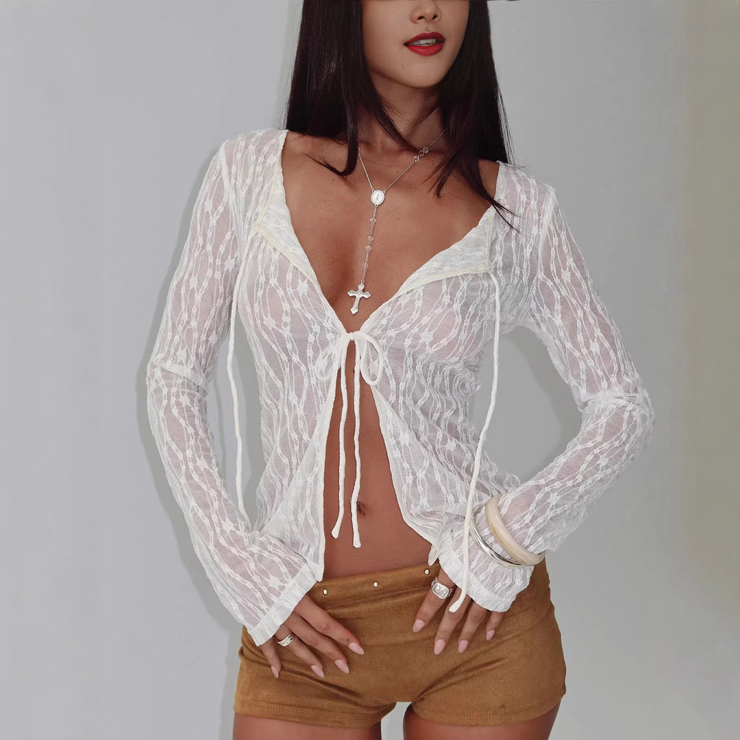 Damen Transparente Spitzenbluse mit tiefem V-Ausschnitt und Bändern Drune