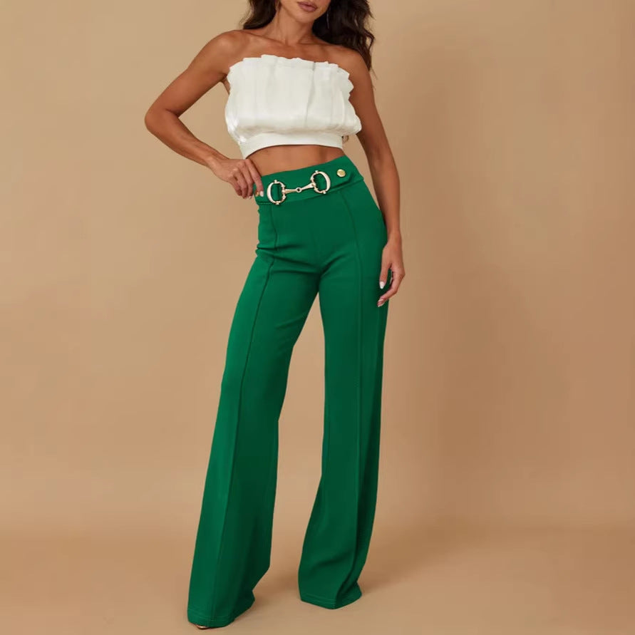 Damen weite Hochtaillenhose mit dekorativem Gürtel und eleganter Nahtführung Drune