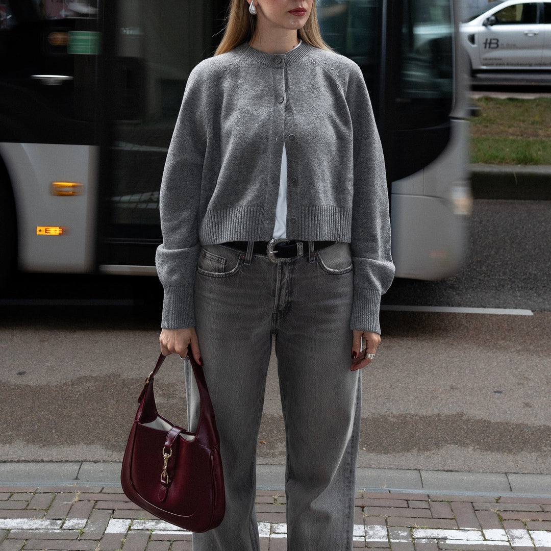 Damen elegante Strickjacke mit modischem Kragen und Knopfdetails Drune
