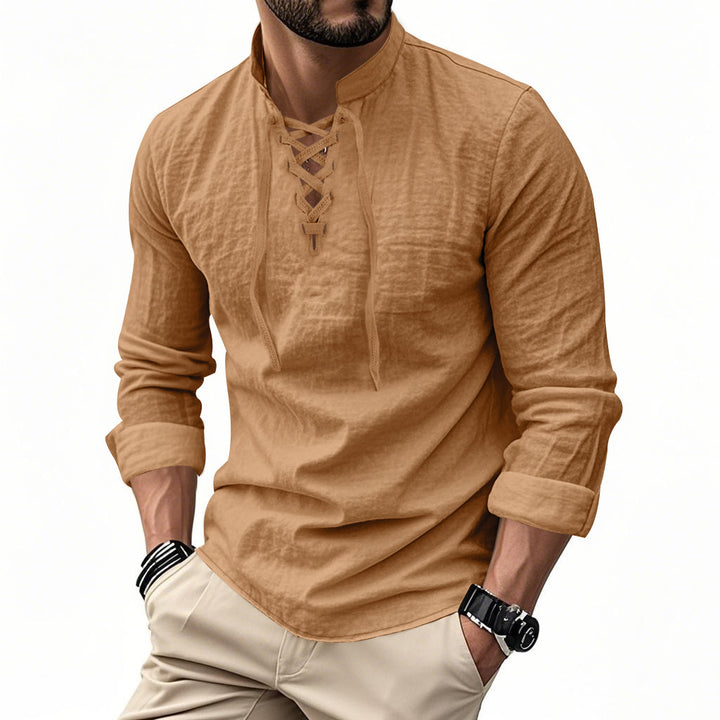 Herren nan Leinenoptik Langarmshirt mit Schnürung V-Ausschnitt und Stehkragen Drune