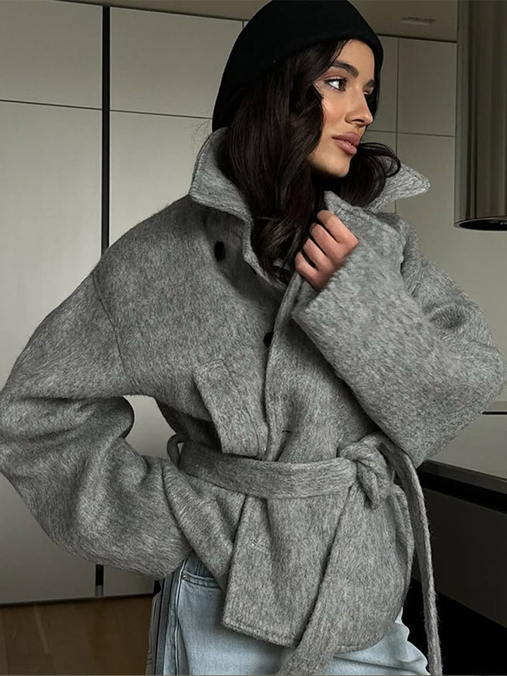 Damen elegante Oversized-Wolljacke mit Gürtel Drune