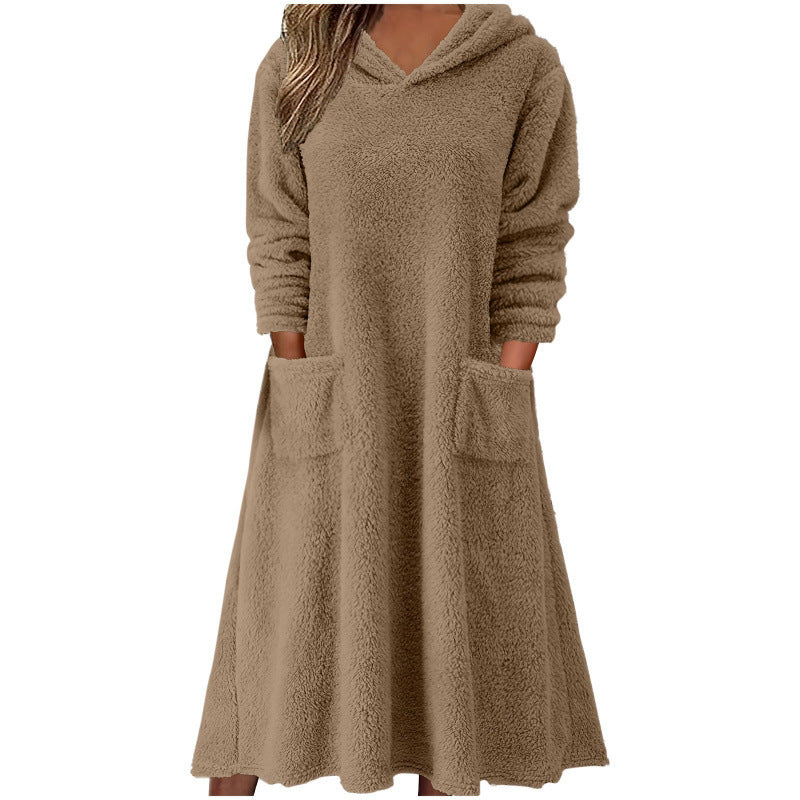 Damen Kuscheliger Fleece-Kleid mit Kapuze und praktischen Taschen Drune