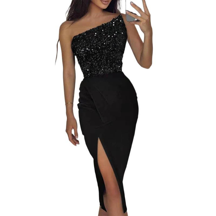 Damen Glamouröses Abendkleid mit asymmetrischem Ausschnitt und schimmerndem Oberteil Drune