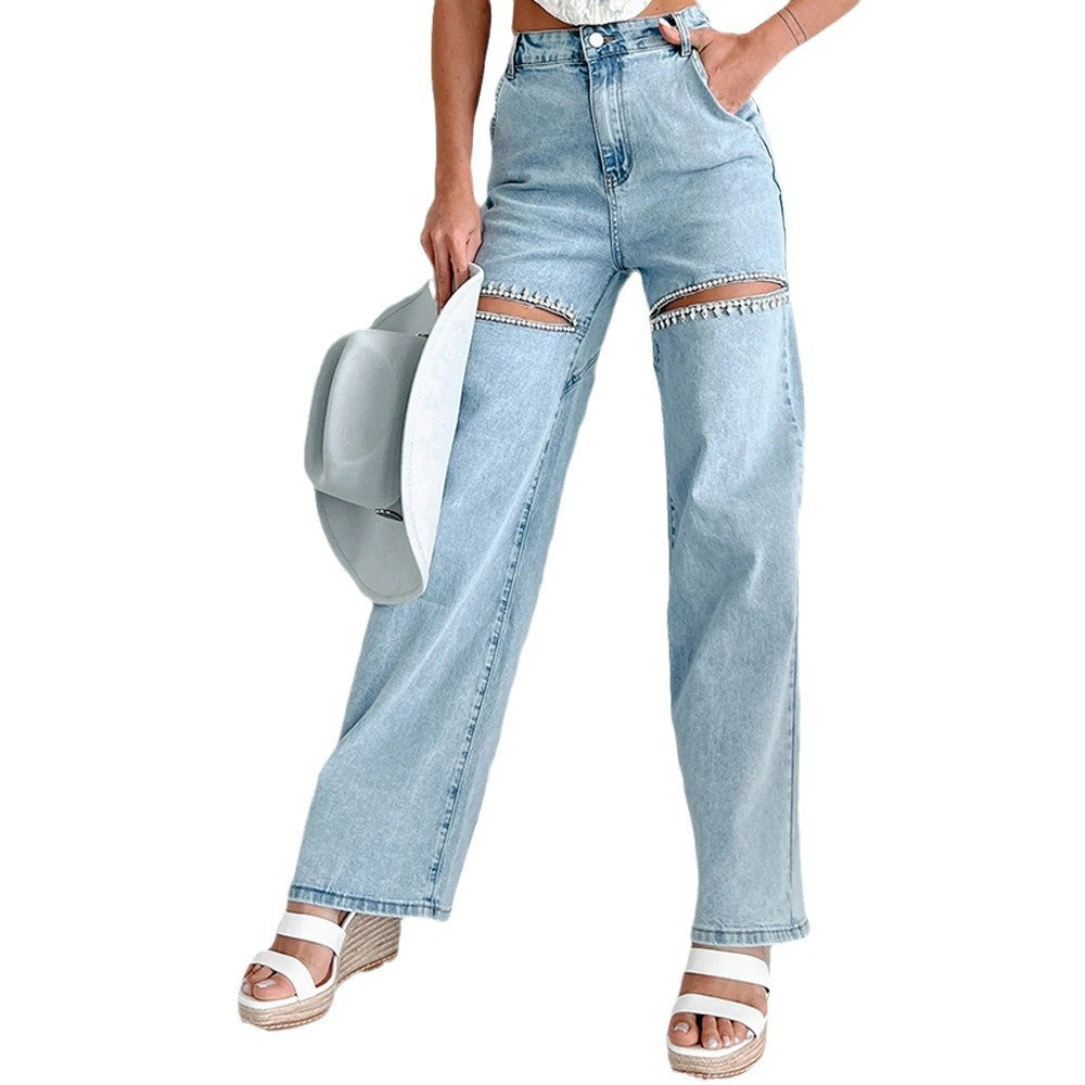 Damen High-Waist Jeans mit ausgefallenem Cut-Out-Design und dezenten Strass-Applikationen Drune