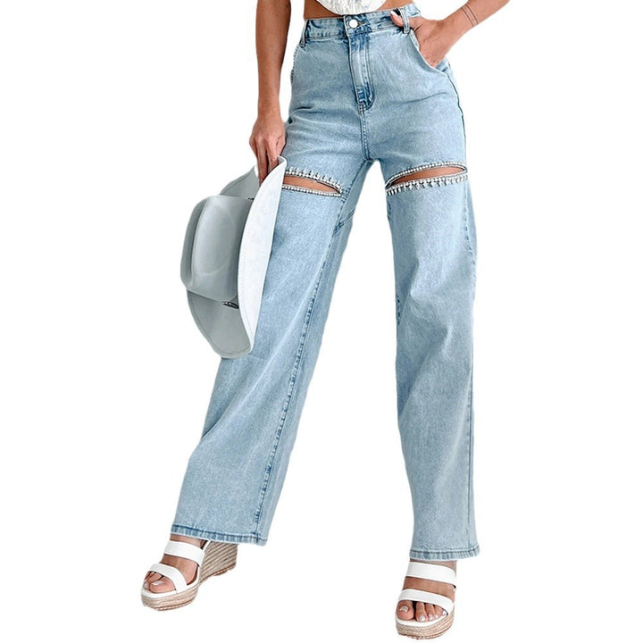 Damen High-Waist Jeans mit ausgefallenem Cut-Out-Design und dezenten Strass-Applikationen Drune