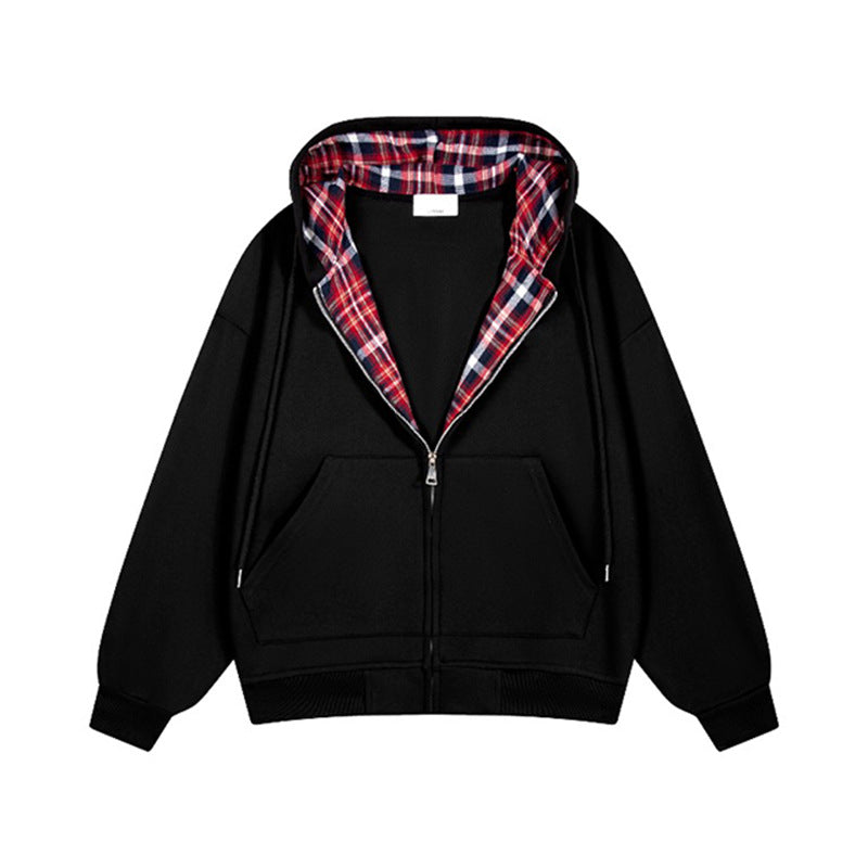 Damen lässige Kapuzenjacke mit Karo-Innenfutter und durchgehendem Reißverschluss Drune