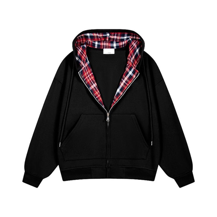 Damen lässige Kapuzenjacke mit Karo-Innenfutter und durchgehendem Reißverschluss Drune