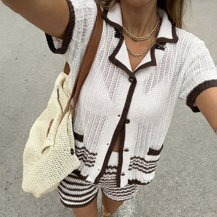 Damen luftiges Strick Set mit gestreiftem Design Drune