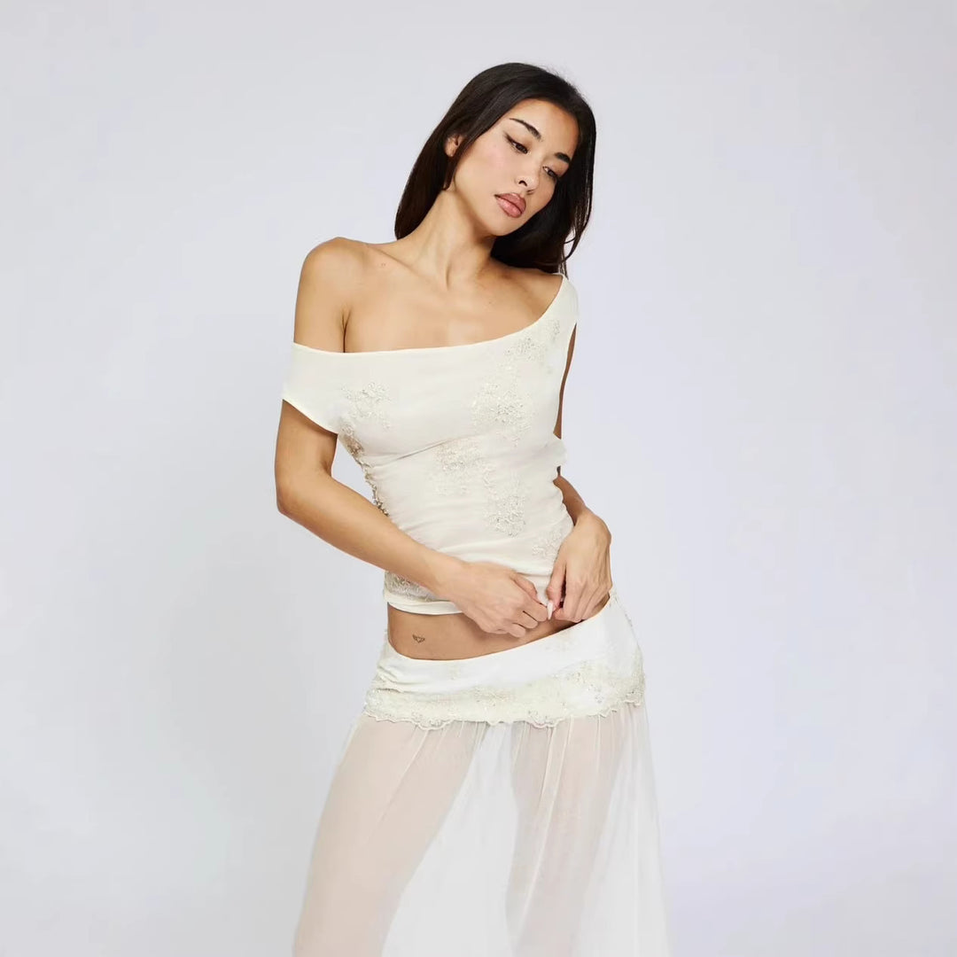 Damen durchsichtiger Spitzenrock mit elastischem Bund und floralem Detail Drune