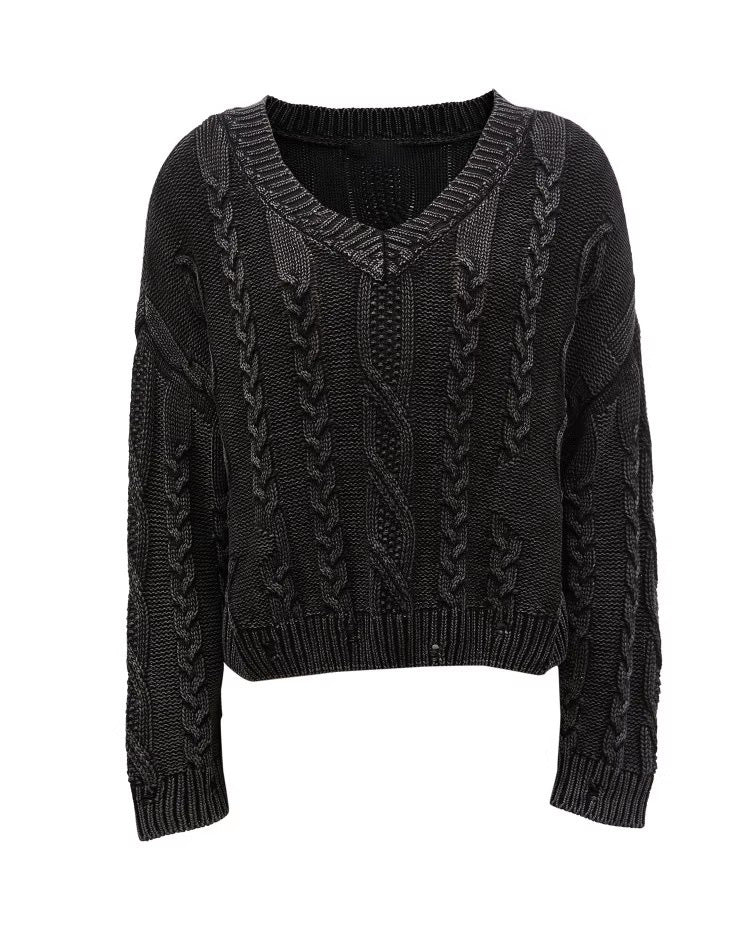 Damen Strickpullover mit Zopfmuster und V-Ausschnitt Drune
