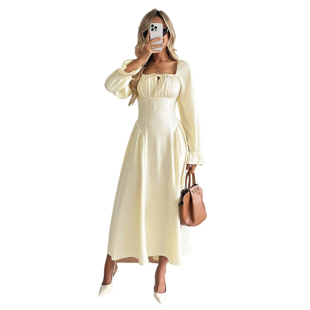 Damen elegantes Maxikleid mit raffiniertem Kordelzug und Puffärmeln Drune