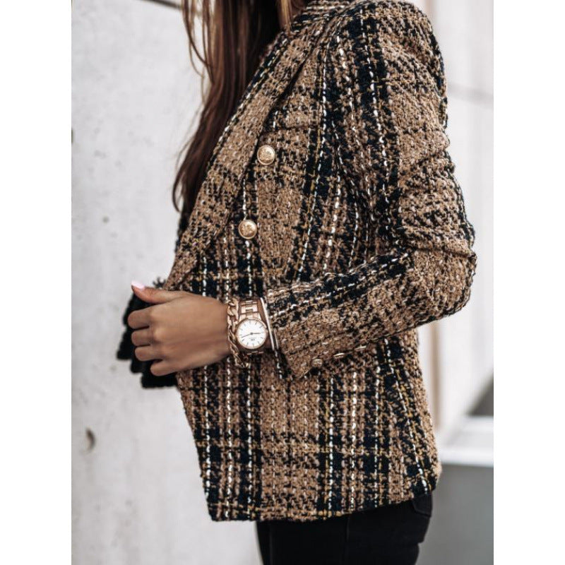 Damen nan eleganter Tweed-Blazer mit Doppelknopf, strukturierter Webung und aufgesetzten Taschen Drune