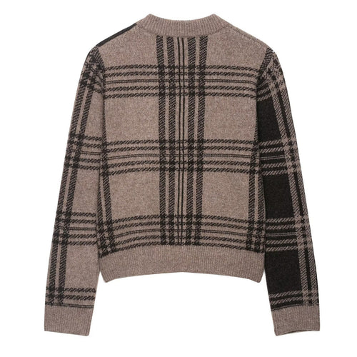 Damen modische Strickjacke mit Karomuster und Knopfleiste Drune
