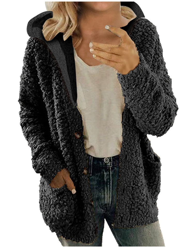 Damen kuschelige Fleecejacke mit Kapuze und praktischen Taschen Drune