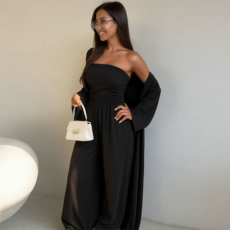 Damen elegantes 3-teiliges Set mit weitem Hosen und tailliertem Oberteil Drune