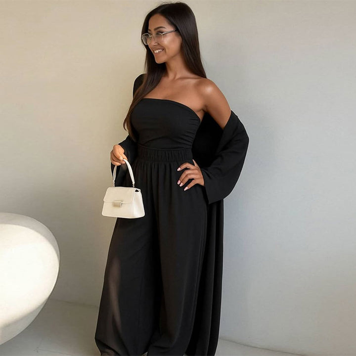 Damen elegantes 3-teiliges Set mit weitem Hosen und tailliertem Oberteil Drune