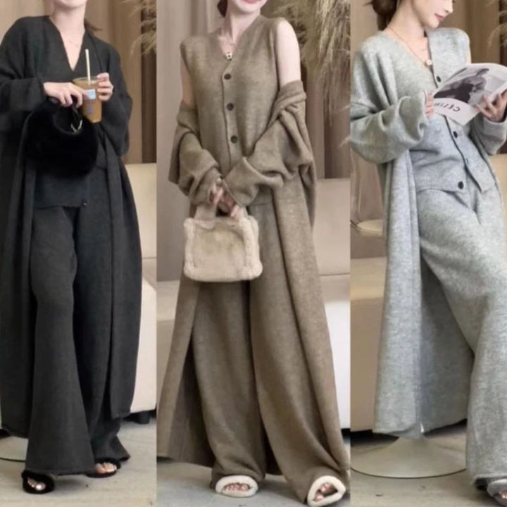 Damen elegantes Strickensemble mit Longcardigan und weiten Hosen Drune