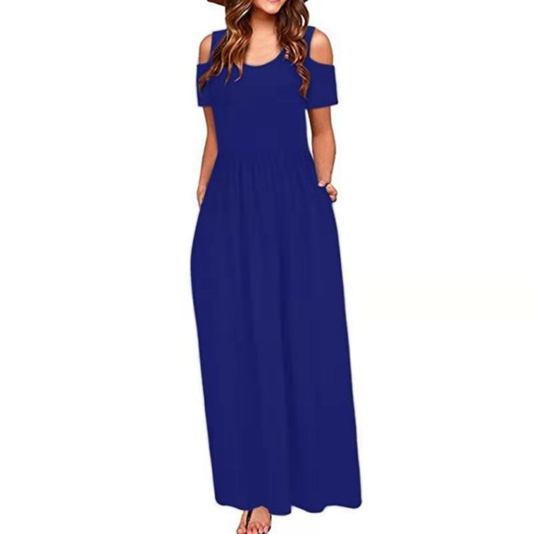 Damen Maxikleid mit schulterfreier Optik und buntem Blattmuster Drune