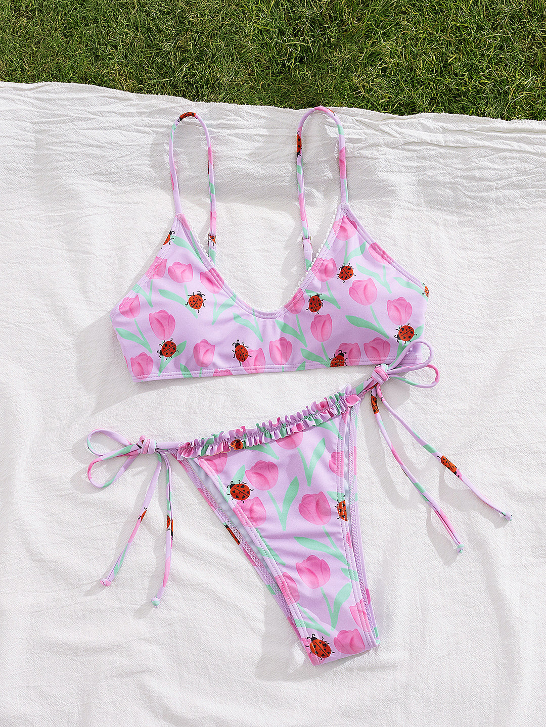 Damen Triangel-Bikini mit buntem Blütenmotiv und verstellbaren Bindebändern Drune