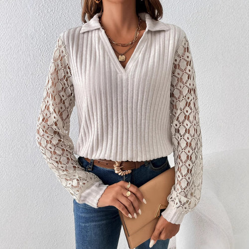 Damen V-Ausschnitt Bluse mit Spitzenärmel und Rippstruktur Drune