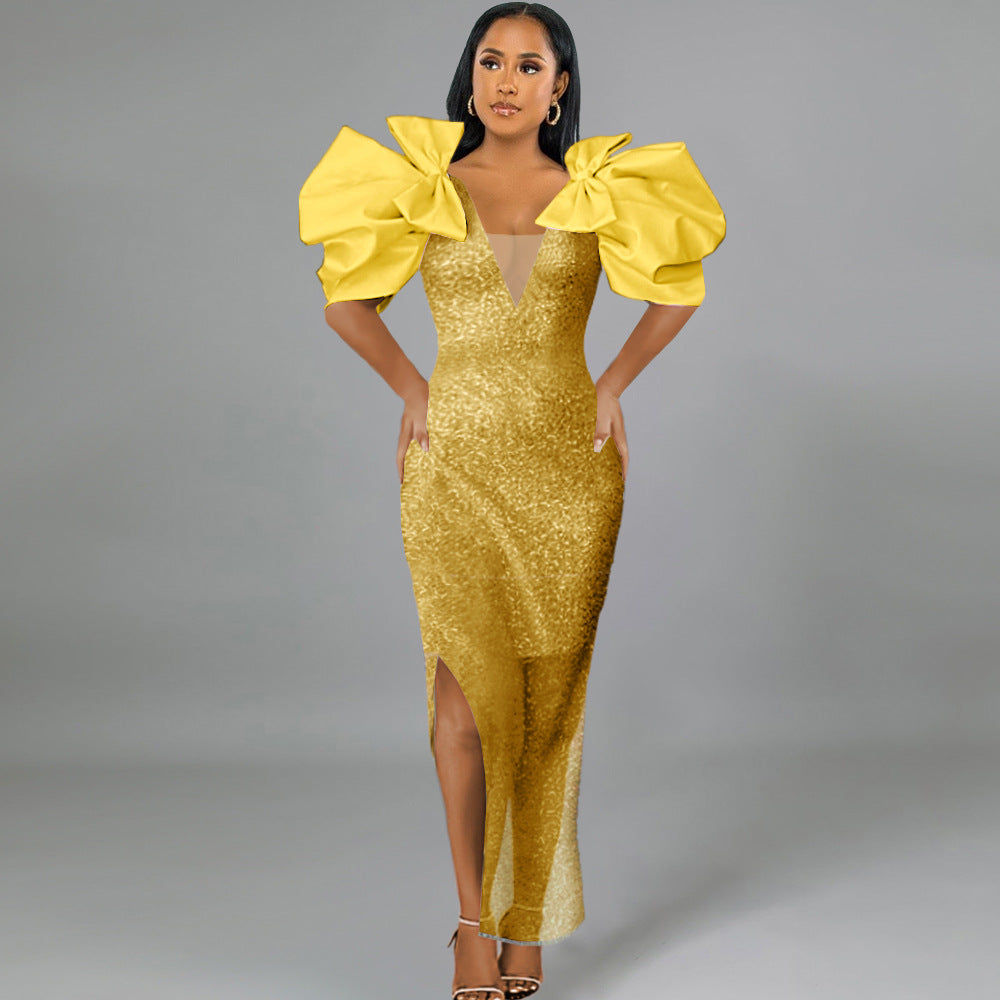 Damen Figurbetontes Glamour-Kleid mit schimmerndem Stoff und voluminösen Ärmeln Drune