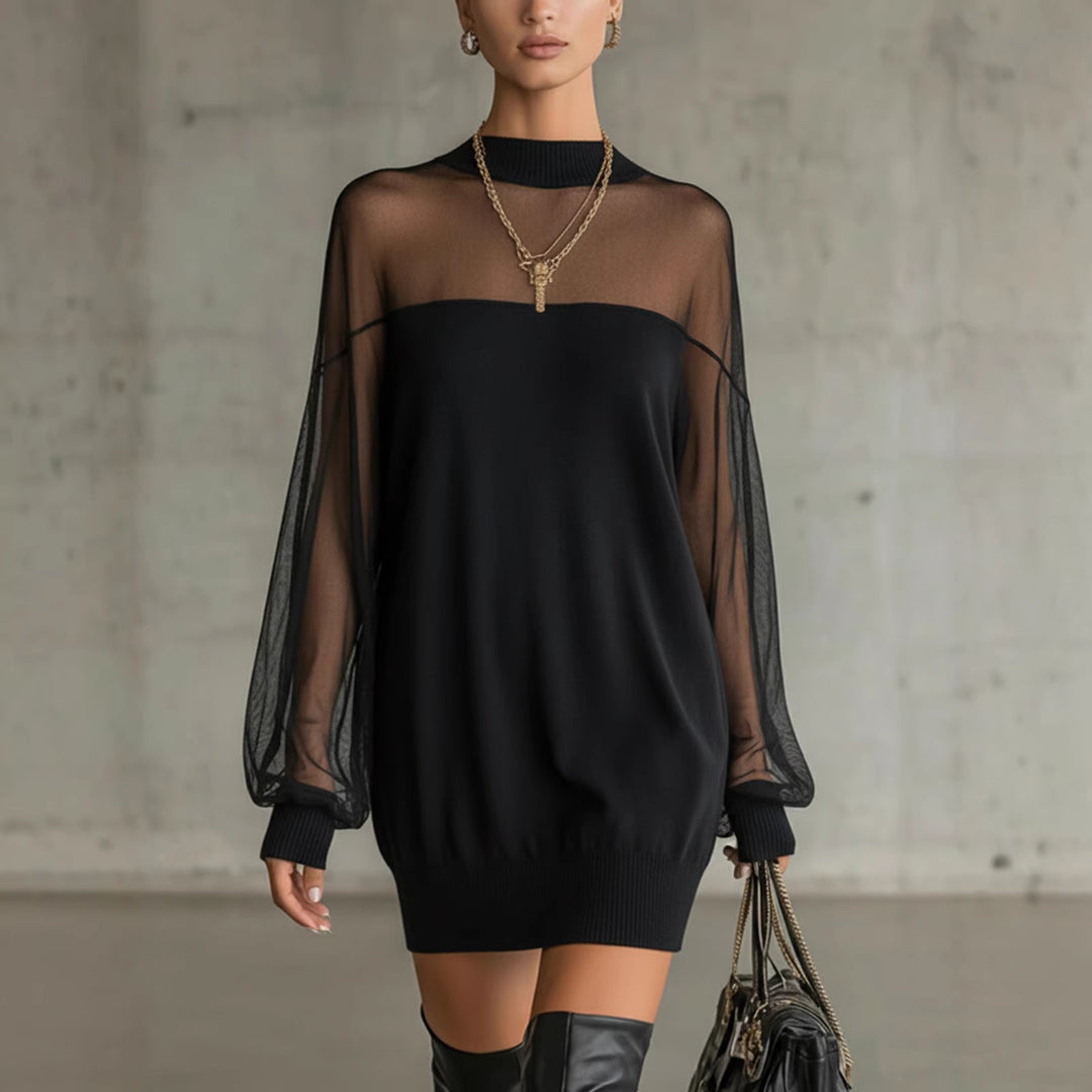 Damen Luftiges Minikleid mit transparenten Ärmelpartien und stylischem Highneck Drune
