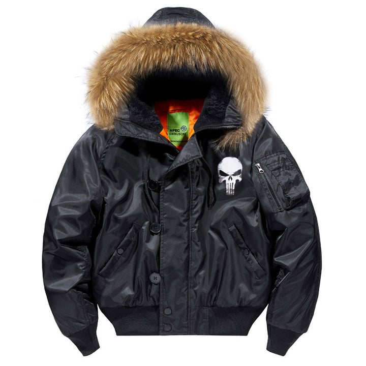 Herren -isolierte Kapuzen-Bomberjacke mit Kunstfellbesatz und Schädel-Brustgrafik Drune