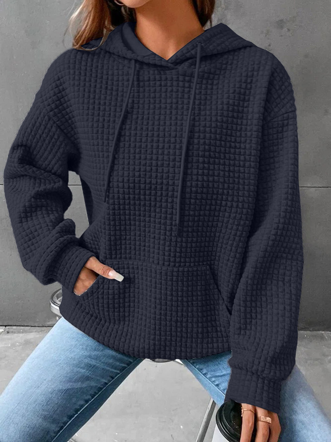 Damen Waffelstruktur Kapuzenpullover mit Kängurutasche und lässigem Schnitt Drune