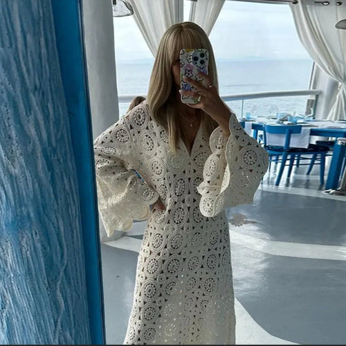 Damen Häkel-Strandkleid mit Volantärmeln und elegantem Schnitt Drune