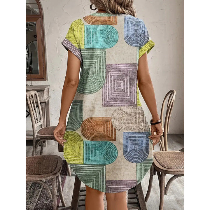 Damen Hemdblusenkleid mit geometrischem Muster und kurzen Ärmeln Drune