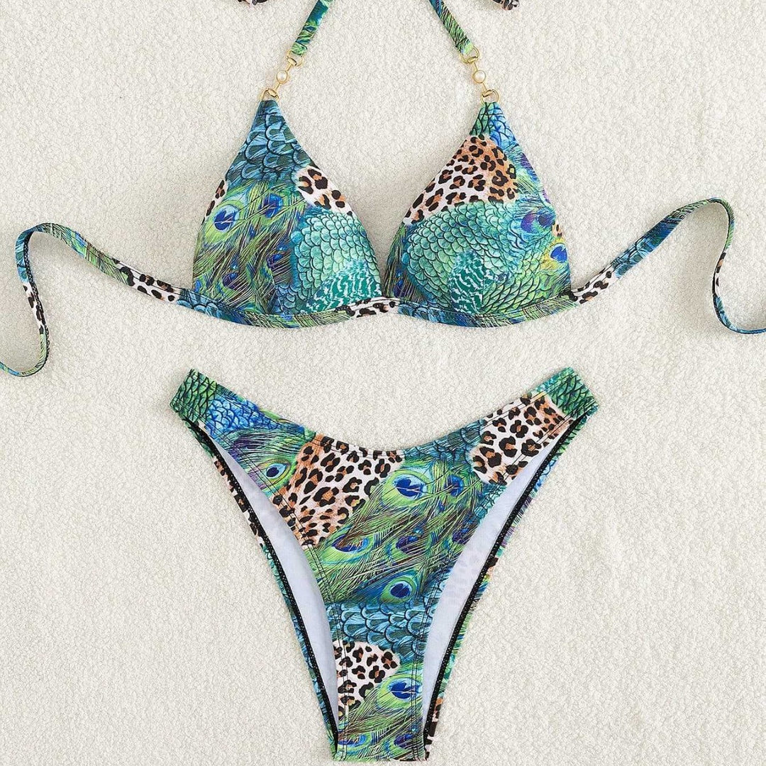 Damen Triangel-Bikini mit lebendigem Tier- und Pfauenmotiv Drune