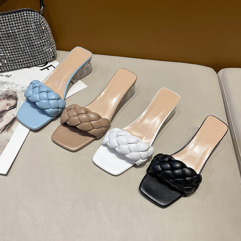 Damen Mules mit geflochtenem Riemen und transparentem Blockabsatz Drune