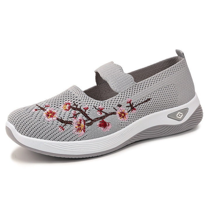 Damen nan bestickter Komfort-Ballerina mit elastischem Mary-Jane-Riemen, atmungsaktivem Strickoberteil und stoßdämpfender EVA-Keilsohle Drune