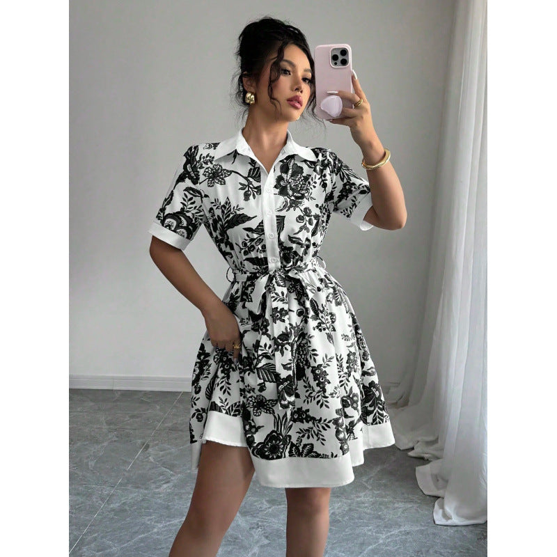 Damen Hemdblusenkleid mit floralem Muster und Taillengürtel Drune