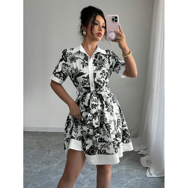 Damen Hemdblusenkleid mit floralem Muster und Taillengürtel Drune