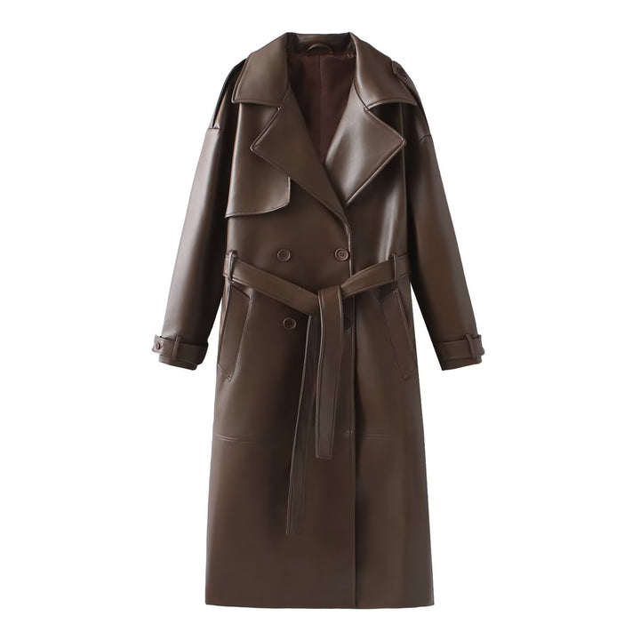 Damen Kunstleder-Trenchcoat mit elegantem Schnitt und taillierbarem Gürtel Drune