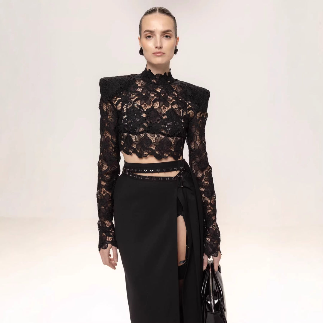 Damen elegantes Spitzentop mit Schulterpolstern und transparenten Ärmeln Drune