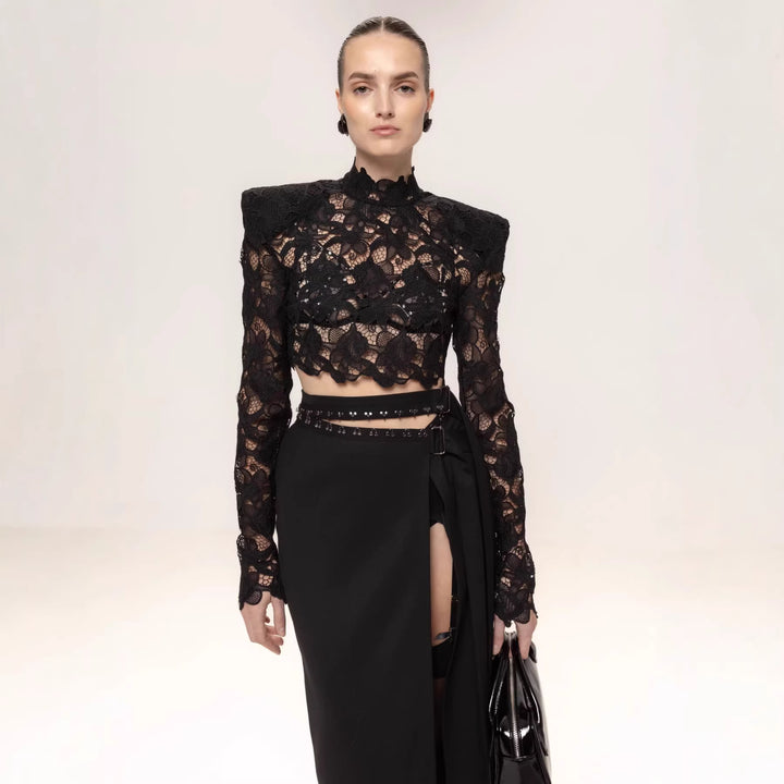 Damen elegantes Spitzentop mit Schulterpolstern und transparenten Ärmeln Drune