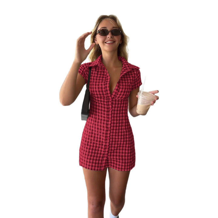 Damen Hemdblusenkleid im klassischen Karomuster mit tailliertem Schnitt und kurzen Ärmeln Drune