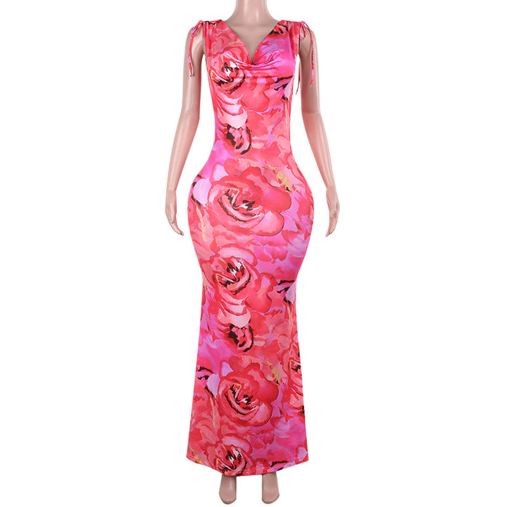 Damen figurbetontes Maxikleid mit floralem Design und dekorativen Trägern Drune
