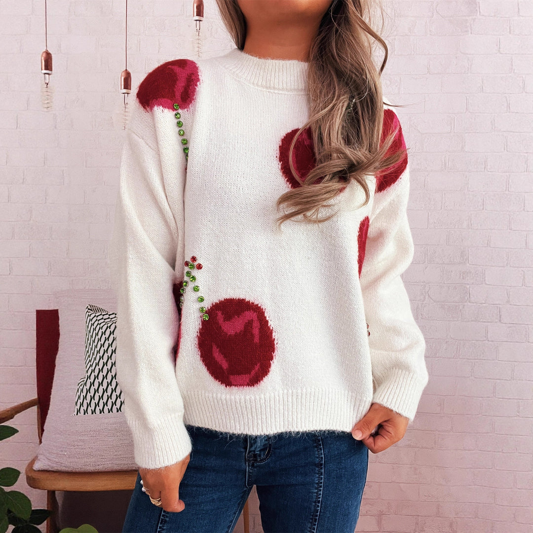 Damen kuscheliger Strickpullover mit floralen Applikationen und funkelnden Akzenten Drune