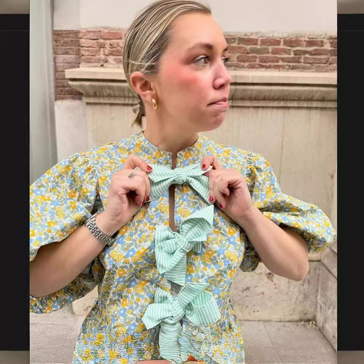 Damen Bluse mit voluminösen Ärmeln und floralen Mustern Drune