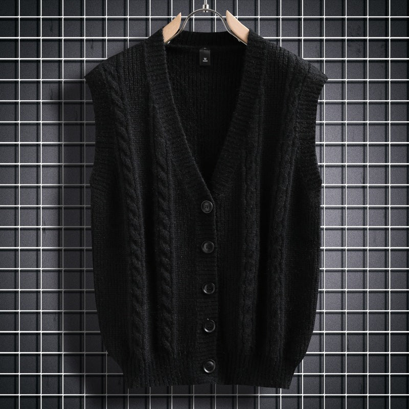 Herren ärmellose Strickjacke mit Zopfmuster und Knopfdetails Drune