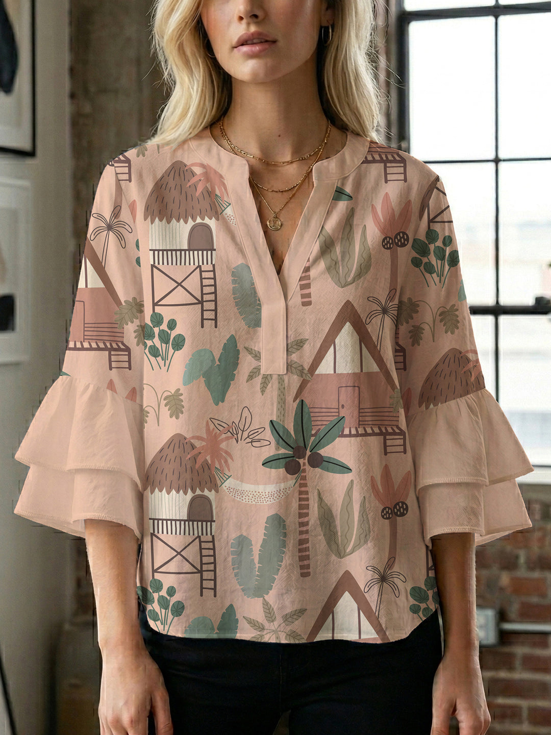 Damen Bluse mit Rüschendetails und auffälligem Animal-Print Drune