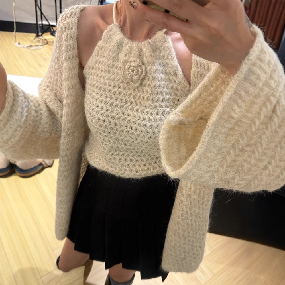 Damen cropped Stricktop mit floralen Akzenten Drune