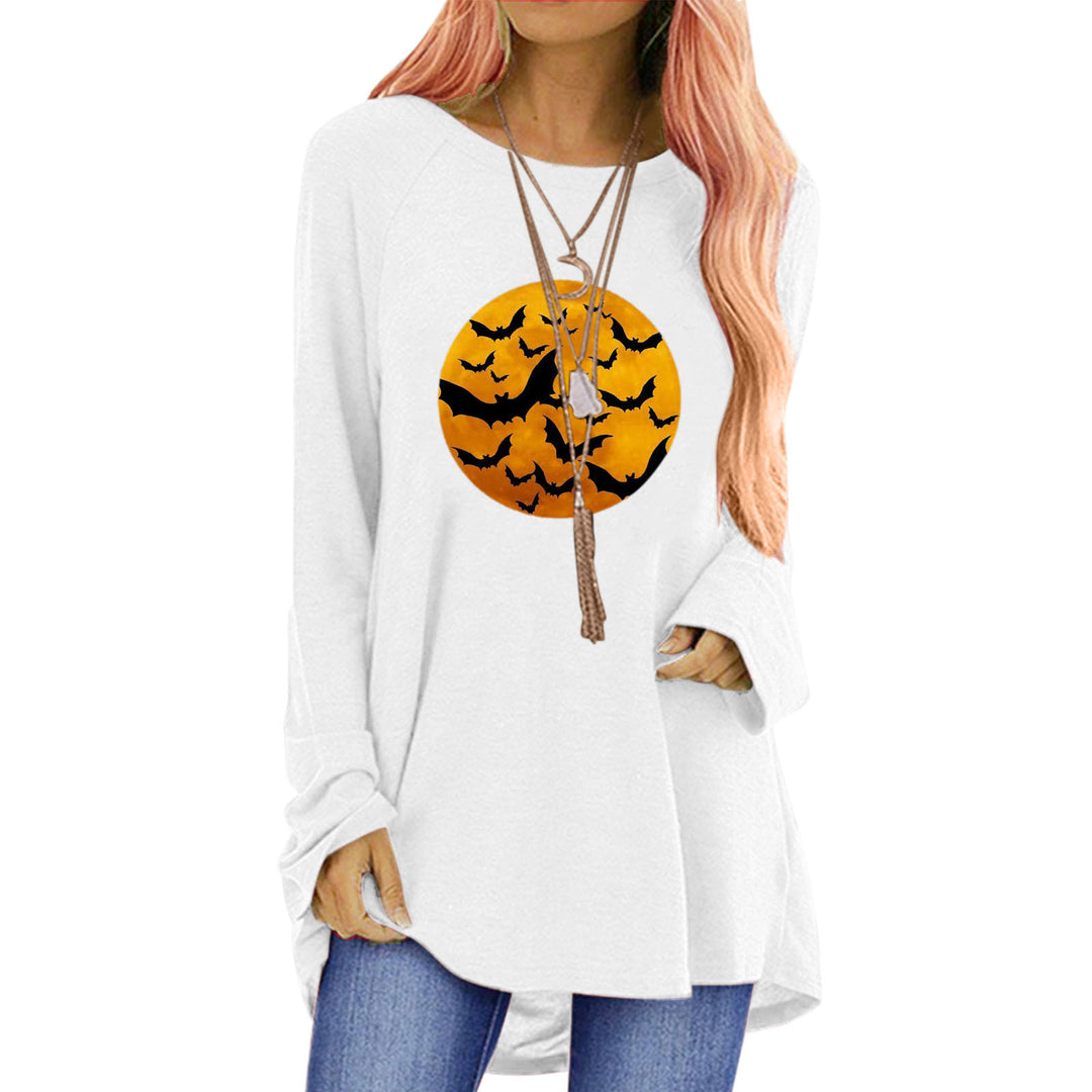 Damen Rundhalsshirt mit künstlerischem Halloween-Motiv und bequemer Passform Drune