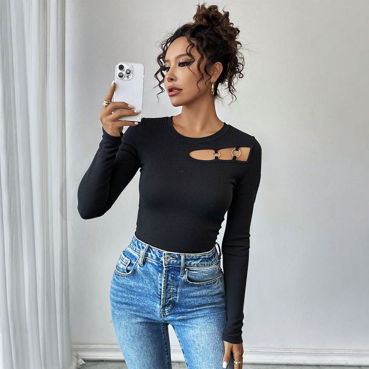 Damen Langarmshirt mit asymmetrischem Cut-Out-Design und modischen Ringdetails Drune